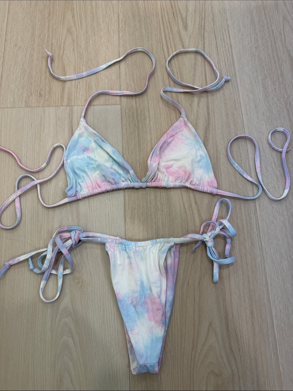 Frankies Bikinis Tie-Dye Triangle Bikini Set - Pastel Pink & Blue